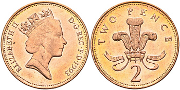 Великобритания 2 пенса 1993 Елизавета II (1952-2022) KM 936а, Spink 4386 (C4) сталь плакированная медью 4116-747