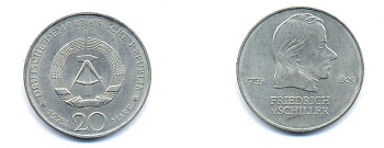 ГДР 20 марок 1972 А, Фридрих Шиллер (1759-1805) KM 40 медно-никель 3333-735