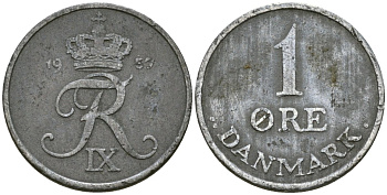 Дания 1 эре 1957 C;S, Фредерик IX (1947-1972) KM 839.2 цинк 4174-244