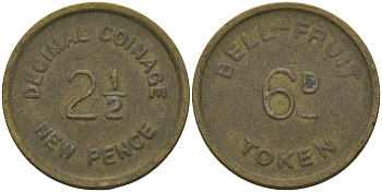 АНГЛИЯ 2 1/2 НОВЫХ ПЕНСА = 6 ПЕНСОВ 1971 BELL-FRUIT TOKEN латунь 99-514