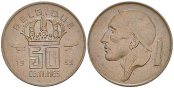 БЕЛЬГИЯ 50 САНТИМОВ 1953 BELGIQUE, БОДУЭН I (1951-1993) KM 144 бронза 214-445