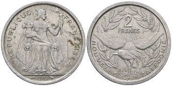 Французская Новая Каледония 2 франка 1973 птица кагу, (IEOM) KM 14, Schoen 11, Lec 57 алюминий    08-557