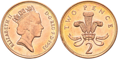 Великобритания 2 пенса 1993 Елизавета II (1952-2022) KM 936а, Spink 4386 (C4) сталь плакированная медью 4116-747