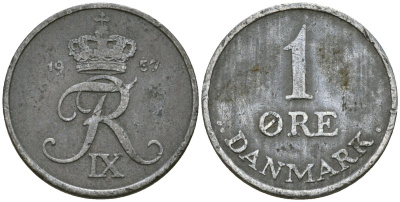 Дания 1 эре 1957 C;S, Фредерик IX (1947-1972) KM 839.2 цинк 4174-244