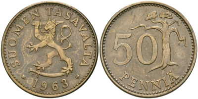 Финляндия 50 пенни 1963 KM 48 алюминиевая бронза 4579-224