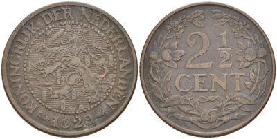 Нидерланды 2 1/2 цента 1929 Вильгельмина (1890-1948) KM 150 бронза 4525-1254