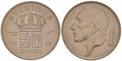 БЕЛЬГИЯ 50 САНТИМОВ 1953 BELGIQUE, БОДУЭН I (1951-1993) KM 144 бронза 214-445