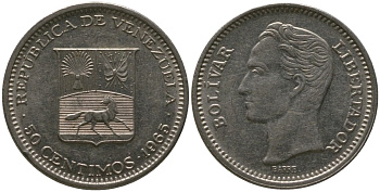 Венесуэла 50 сентимо 1965 Симон Боливар KM 41, Schon 51 никель 4525-843