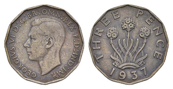 Великобритания 3 пенса 1937 Георг VI (1936-1952) KM 849, Spink 4112 никель латунь 4638-434