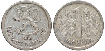 Финляндия 1 марка 1964 S KM 49 серебро 259-411