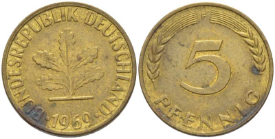 ФРГ 5 ПФЕННИГОВ 1969 F KM 107, J. 382 сталь плакированная латунью 66-811