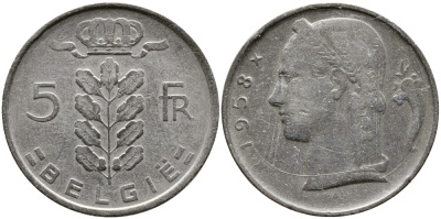 Бельгия 1 франк 1958 Belgie, Бодуэн I (1951-1993) KM 143.1 медно-никель 4388-1224