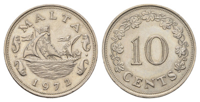 Мальта 10 центов 1972 баржа Великого магистра KM 11 медно-никель 25-2423