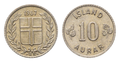 Исландия 10 эйре 1967 KM 10 медно-никель UNC 4696-269