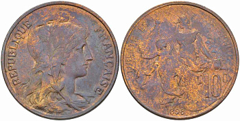 ФРАНЦИЯ 10 САНТИМОВ 1898 ТИП ДАНИЭЛЬ ДЮПЮИ KM 843, LA FRANC 136.6 бронза 109-115