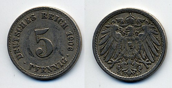 ГЕРМАНИЯ 5 ПФЕННИГОВ 1906 D, KM 11, J. 12 медно-никель 76-211