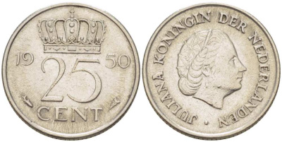 НИДЕРЛАНДЫ 25 ЦЕНТОВ 1950 КОРОЛЕВА ЮЛИАНА KM 183 никель 3955-146