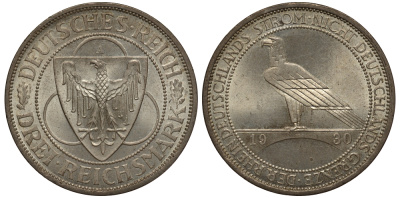 Германия 3 марки 1930 A, освобождение Рейнлянда J. 345, KM 70 серебро UNC 02-119-43