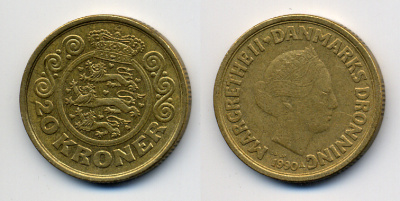 ДАНИЯ 20 КРОН 1990 МАРГАРЕТ II KM 871 алюминиевая бронза 4383-347