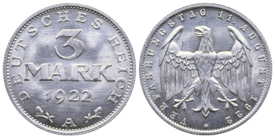 Германия 3 марки 1922 А, третья годовщина Веймарской Конституции KM 29, J. 303 алюминий 4380-742