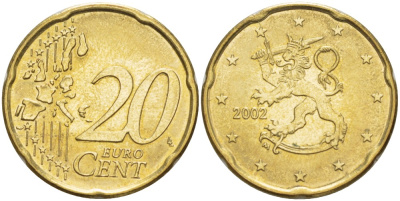 ФИНЛЯНДИЯ 20 ЕВРОЦЕНТОВ 2002 М KM 102 латунь 4543-115