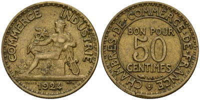 Франция 50 сантимов 1924 Тип CHAMBRES DE COMMERCE KM 884 алюминиевая бронза 4189-765