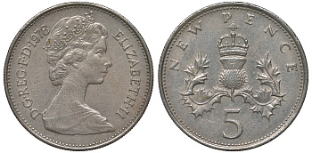 Великобритания 5 пенсов 1978 Елизавета II (1952-2022) KM 911, Spink 4233 (D1) медно-никель 4122-955