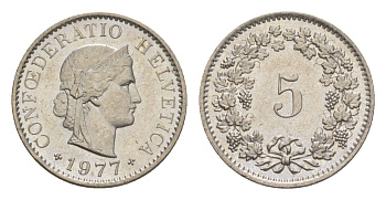 Швейцария 5 раппенов 1977 KM 26 медно-никель UNC 4611-1117