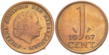 НИДЕРЛАНДЫ 1 ЦЕНТ 1967 ЮЛИАНА KM 180 бронза 3955-441
