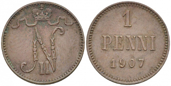 РОССИЯ ДЛЯ ФИНЛЯНДИИ 1 ПЕННИ 1907 НИКОЛАЙ II KM 13, Биткин 468 медь 4396-1328