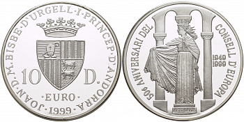 Андорра 10 динеров 1999 50 лет совету Европы, статуя прав человека KM 154 серебро PROOF 1068-5-41