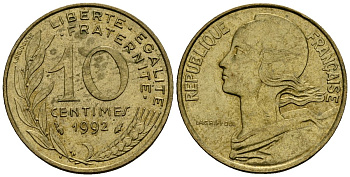 Франция 10 сантимов 1992 тип Marianne KM 929 алюминиевая бронза 4136-432