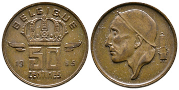 БЕЛЬГИЯ 50 САНТИМОВ 1955 BELGIQUE KM 144 бронза 4383-1147