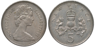Великобритания 5 пенсов 1978 Елизавета II (1952-2022) KM 911, Spink 4233 (D1) медно-никель 4122-955