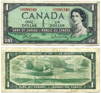 Канада 1 доллар 1954 подписи Beattie & Rasminsky, CBNC Pick 74b бумага 445-70-3-1