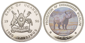 Уганда 100 шиллингов 1996 Защита исчезающих видов дикой природы, Африка - Носорог KM 44 медно-никель PROOF 1079-10-31