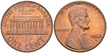 США 1 ЦЕНТ 1968 D, ЛИНКОЛЬН KM 201 медь цинк 187-1154