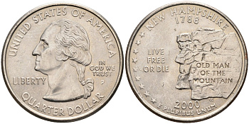 США 25 центов = квотер 2000 Р, серия штаты США, Нью-Гэмпшир KM 308 медь плакированная медно-никелем 4586-141