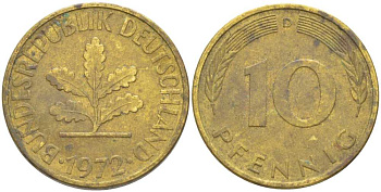 ФРГ 10 ПФЕННИГОВ 1972 D KM 108, J. 383 сталь плакированная латунью 57-321