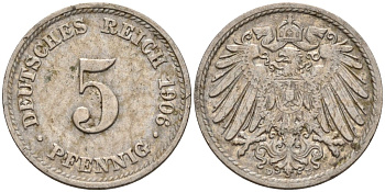 Германия 5 пфеннигов 1906 D KM 11, J. 12 медно-никель 4151-453