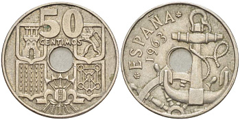 ИСПАНИЯ 50 СЕНТИМО 1963 (64) ФРАНСИСКО ФРАНКО ДИКТАТОР ИСПАНИИ (1939- 1975), МОРСКАЯ АТРИБУТИКА KM 777 медно-никель 4523-847