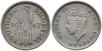 Британская Южная Родезия 3 пенса 1947 Георг VI (1936-1952) KM 16b медно-никель 4532-232
