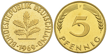 ФРГ 5 пфеннигов 1969 F KM 107, J. 382 сталь плакированная латунью PROOF 1094-7-31