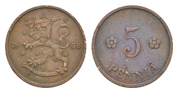 Финляндия 5 пенни 1938 KM 22 медь 4647-251