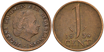 Нидерланды 1 цент 1959 Юлиана (1949-1980) KM 180 бронза    4598-215