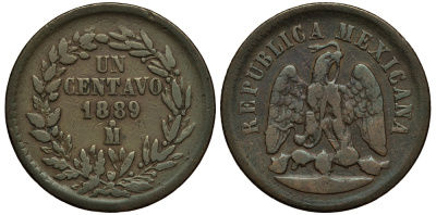 МЕКСИКА 1 СЕНТАВО 1889 ВТОРАЯ РЕСПУБЛИКА KM 391.6 медь F 4391-255