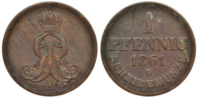 Ганновер 1 пфенниг 1861 B, Георг V KM 233, AKS 156, J. 90 медь 4594-267