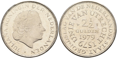 Нидерланды 2 1/2 гульдена 1979 400 лет Утрехтскому союзу, Юлиана (1949-1980) KM 197 никель 4587-1216