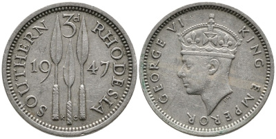 Британская Южная Родезия 3 пенса 1947 Георг VI (1936-1952) KM 16b медно-никель 4532-232