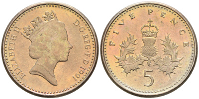 Великобритания 5 пенсов 1991 Елизавета II (1952-2022) KM 937b, Spink 4372 (D4) медно-никель 4588-566